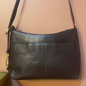 Etienne Aigner Dark Brown Leather Shoulder Bag Gold Accents Adjustable Strap